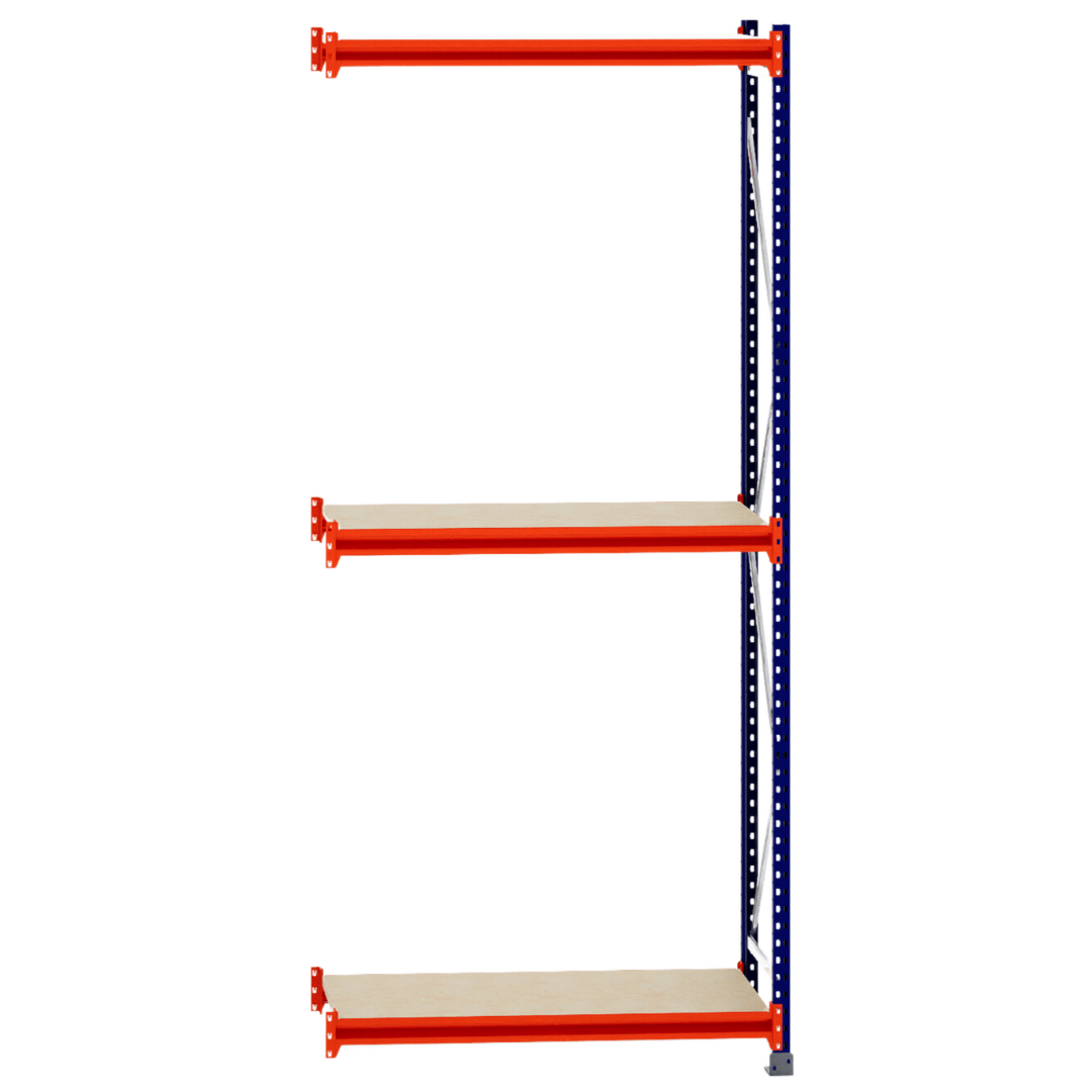 RackZone Longspan Shelving 400mm, laminated timber extender shelves, blue frame.
