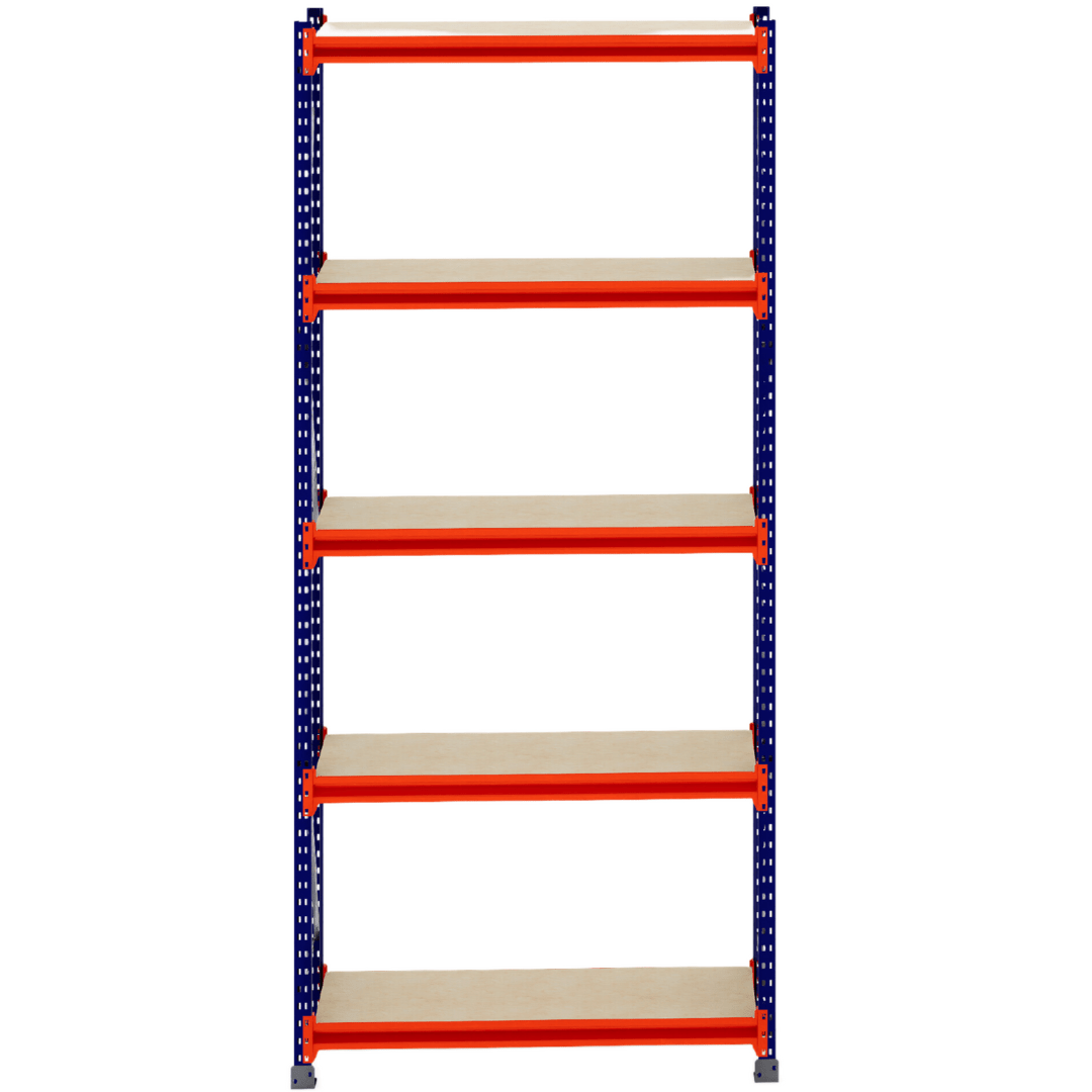 RackZone Longspan Shelving 400mm, timber shelves, blue frame, orange supports.