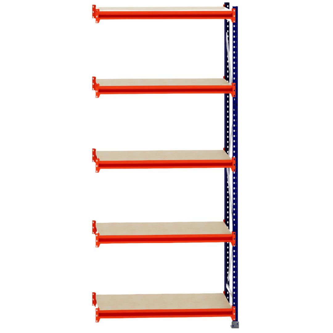 RackZone Longspan Shelving 400mm with laminated timber shelves, orange frame.