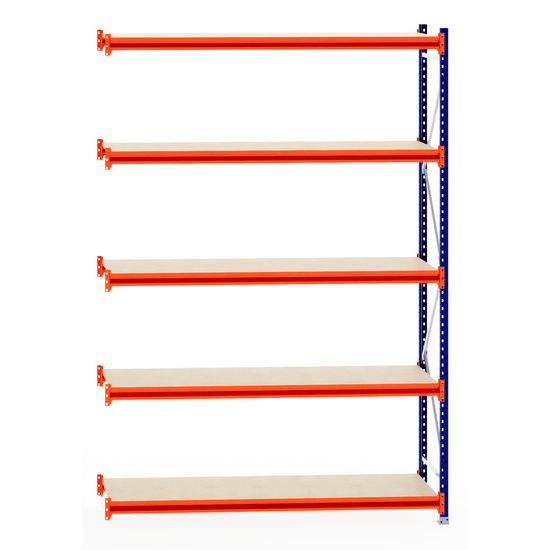 RackZone Longspan Shelving 600mm Laminated Timber Extender with orange beams.