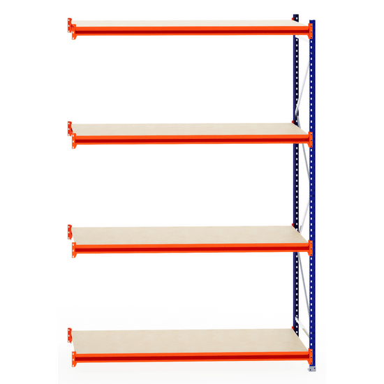 RackZone Longspan 800mm Extender with laminated timber shelves, orange beams.
