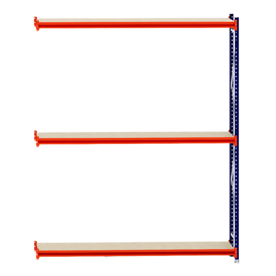 RackZone Longspan Shelving 400mm Laminated Timber Extender with orange beams.