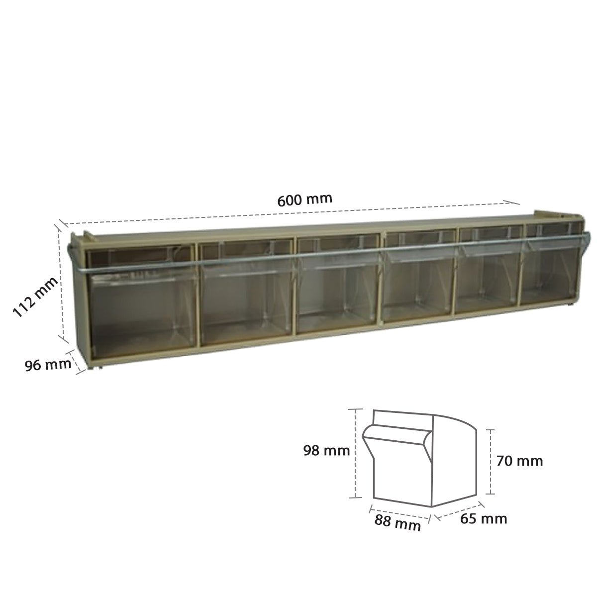 RackZone Storage Tilt Bin Madia 2, 600x96x112mm, 6 compartments.