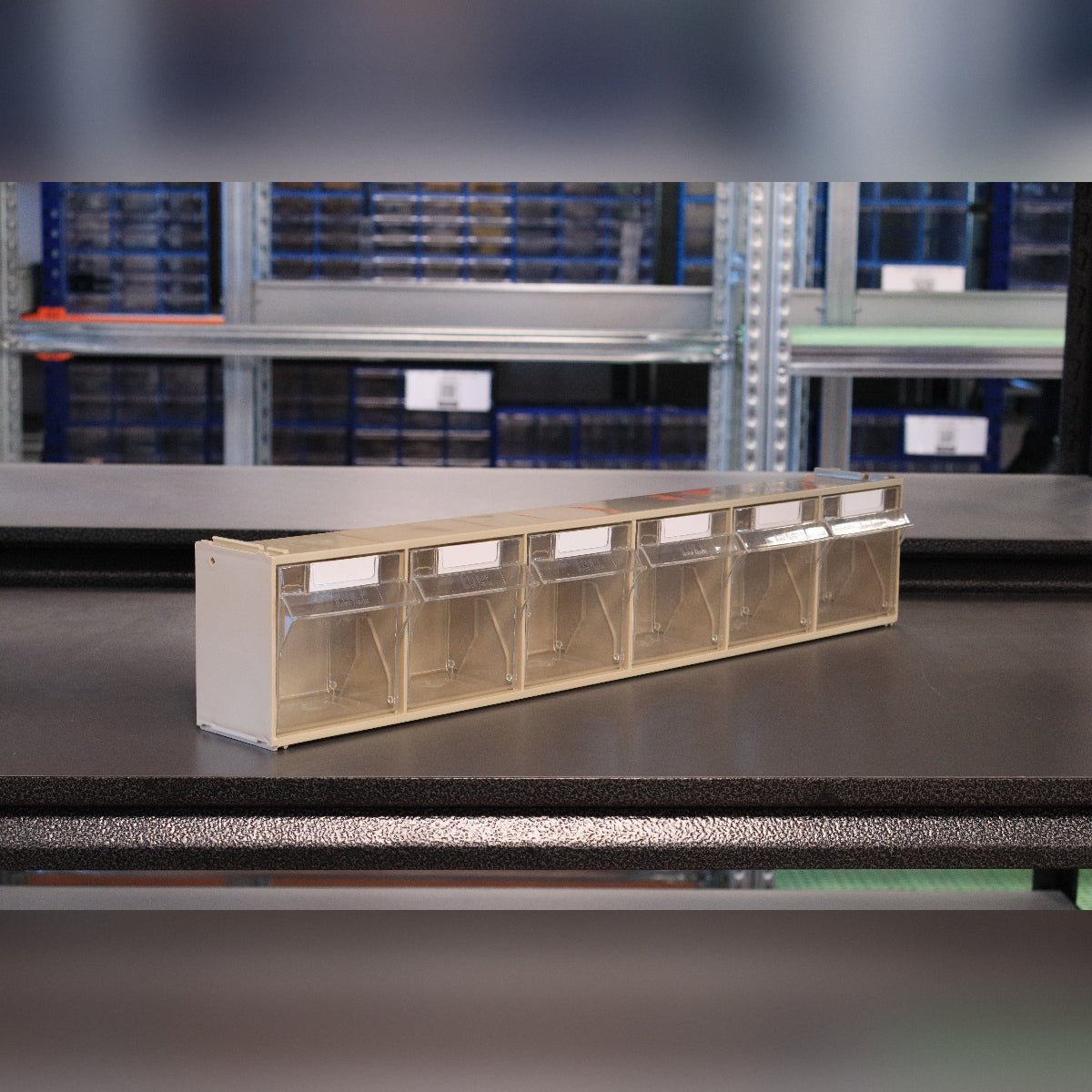 The RackZone Storage Tilt Bin Madia 2 (6-Tilt Bin) is stored in the warehouse.