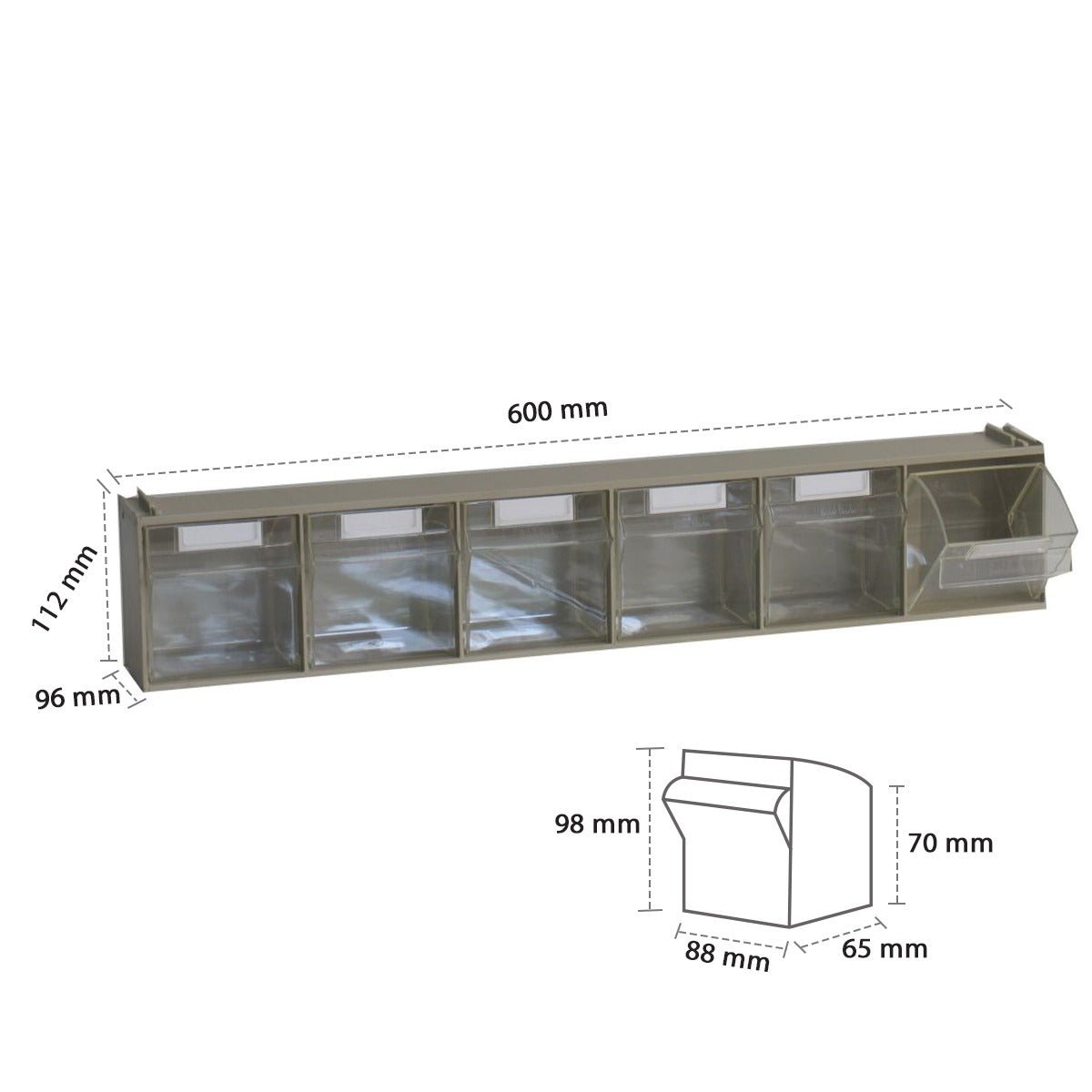 A drawing of the RackZone Storage Tilt Bin Madia 2 (6-Tilt Bin) container.