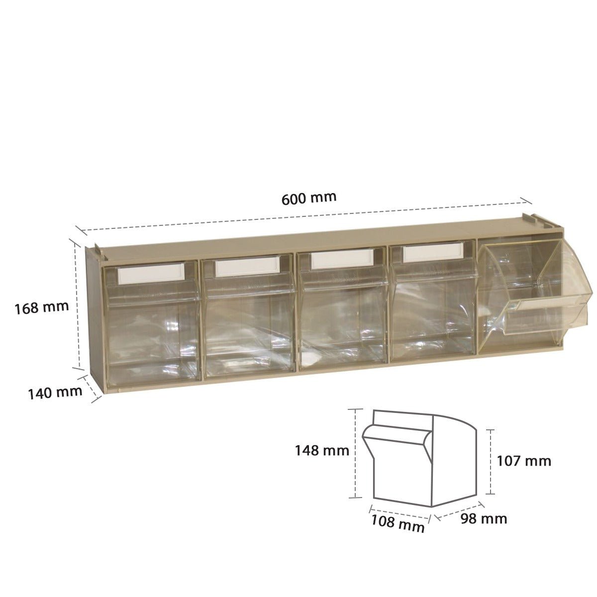 RackZone Storage Tilt Bin Madia 3, 5 bins, clear, 600x140x168mm durable plastic.