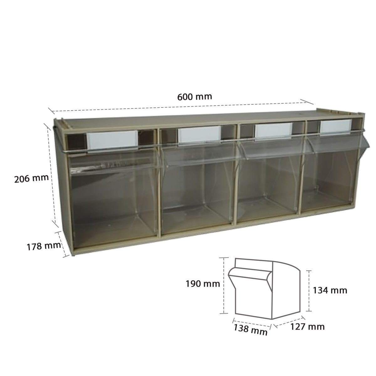 RackZone Storage Tilt Bin Madia 4, 600x178x206mm with diagram and specs.