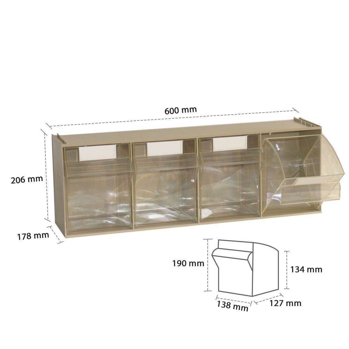 RackZone Storage Tilt Bin Madia 4 with four compartments and locking bins.