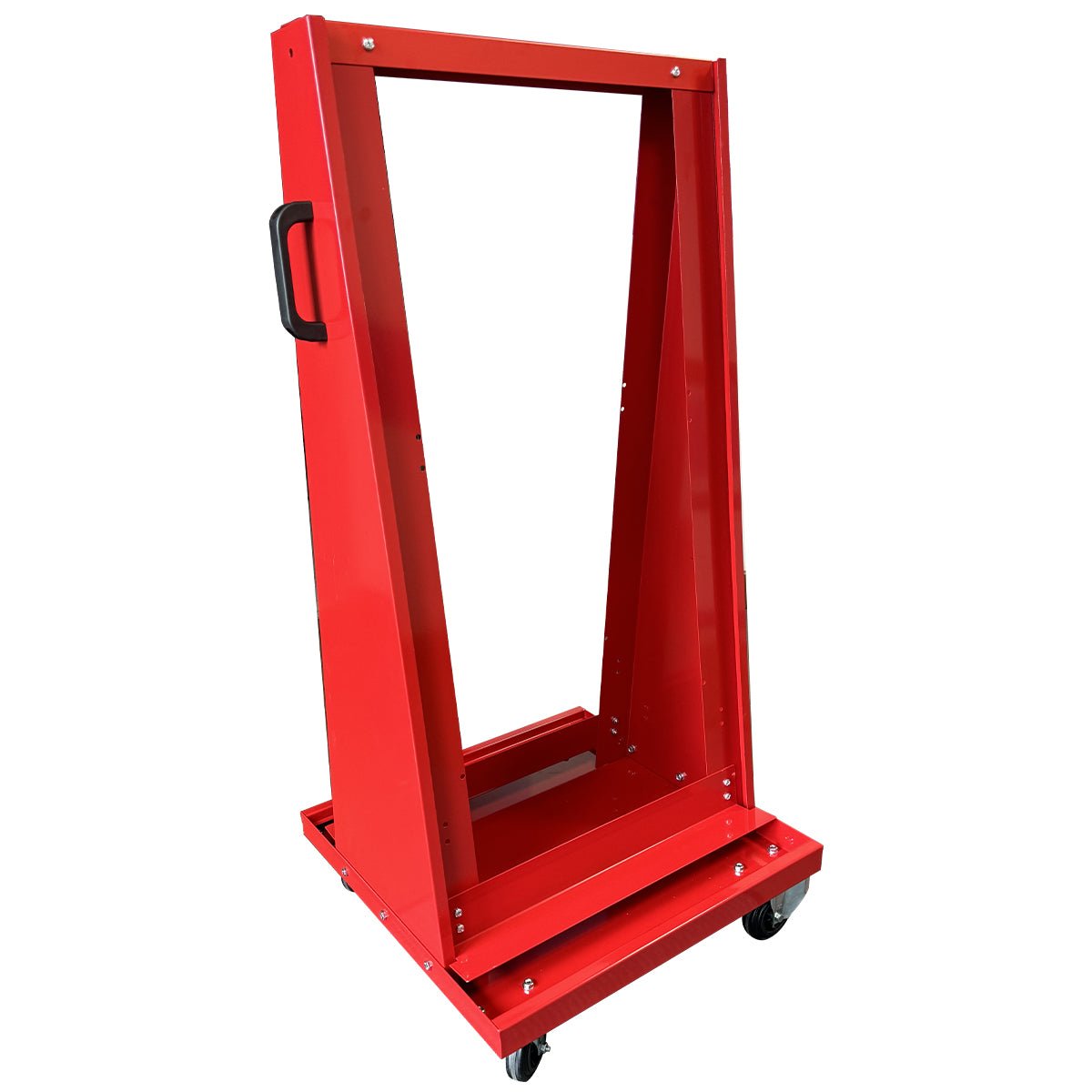 RackZone Mobile Tilt Bin Frame, metal A-frame with handle and wheels.