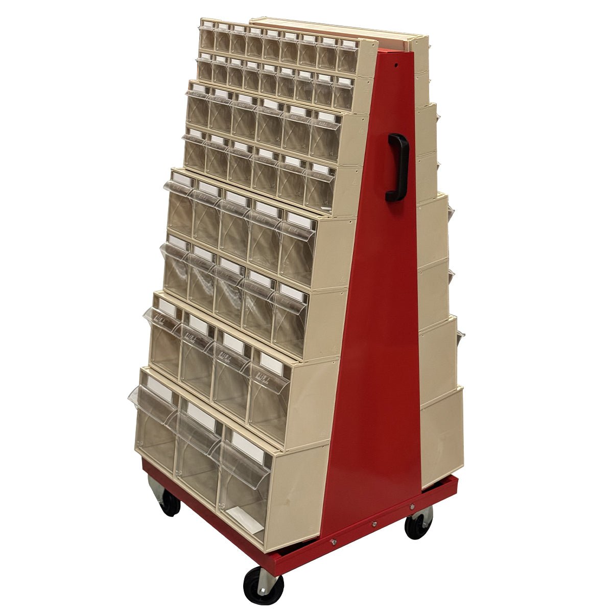 RackZone Mobile Tilt Bin System with frame, red/beige rack, clear bins.