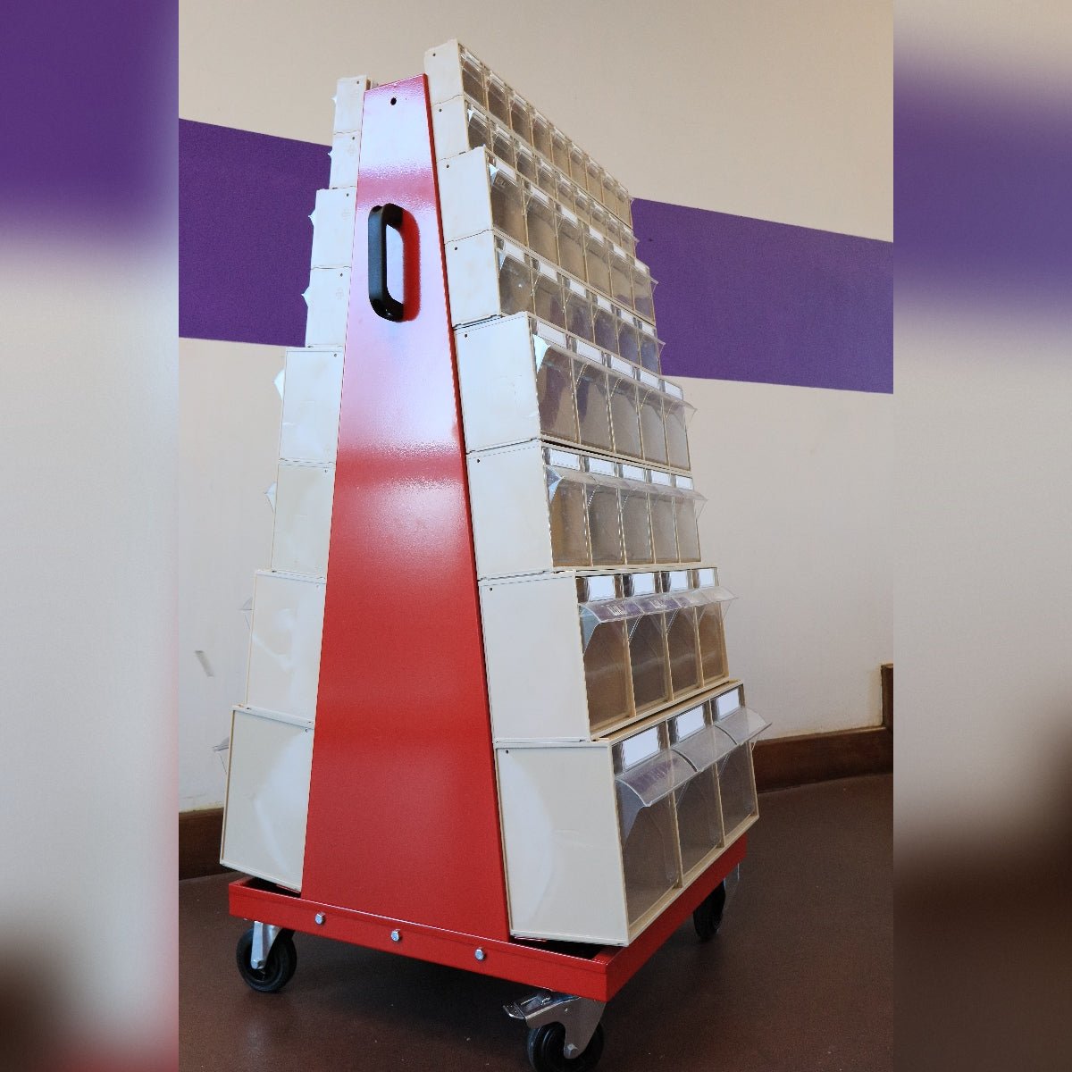 RackZone Mobile Tilt Bin System c/w Frame with clear bins on wheels.
