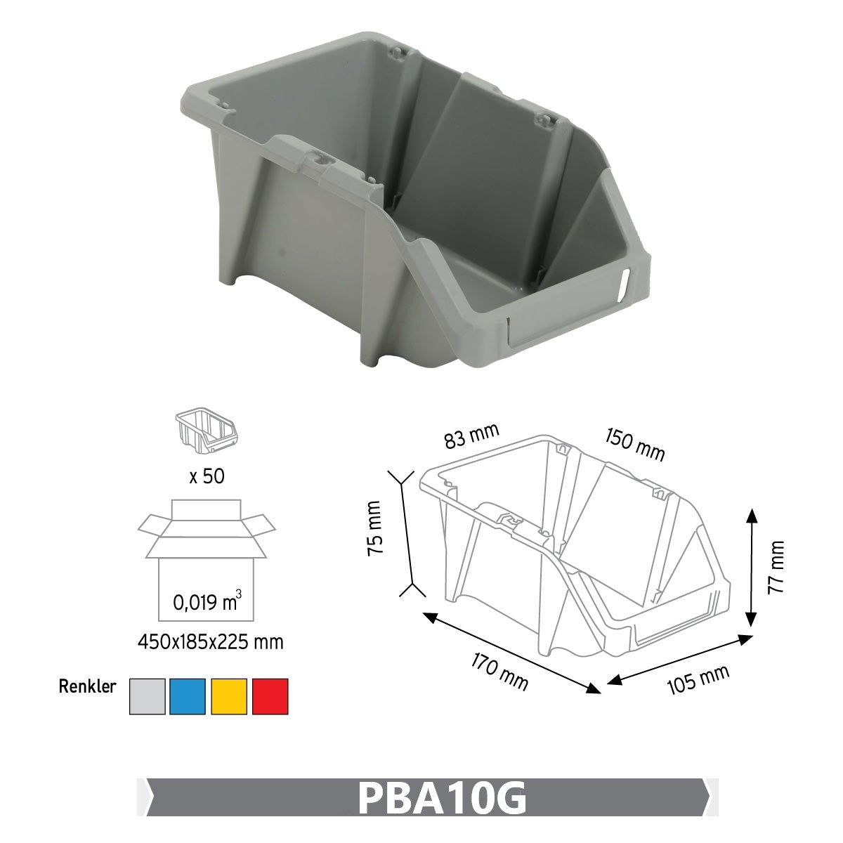 RackZone Economy Part Bins KPA10 76x103x165mm, grey, stackable, pack of 50.