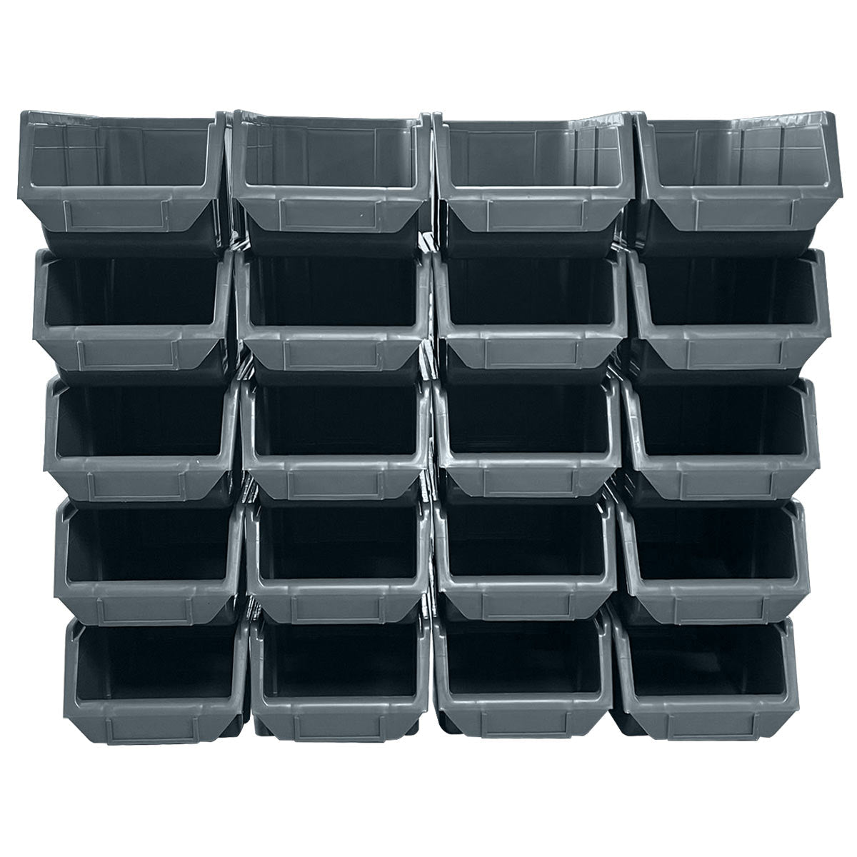 Set of 20 RackZone A150 grey stackable bins, 96h x 128w x 204d, for easy organization.