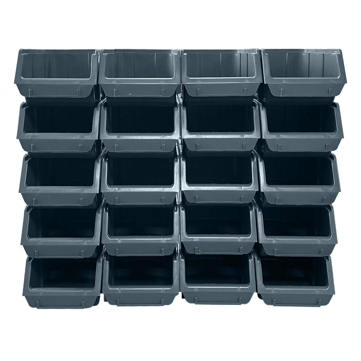 Twenty RackZone A150 grey bins stacked neatly in five rows.