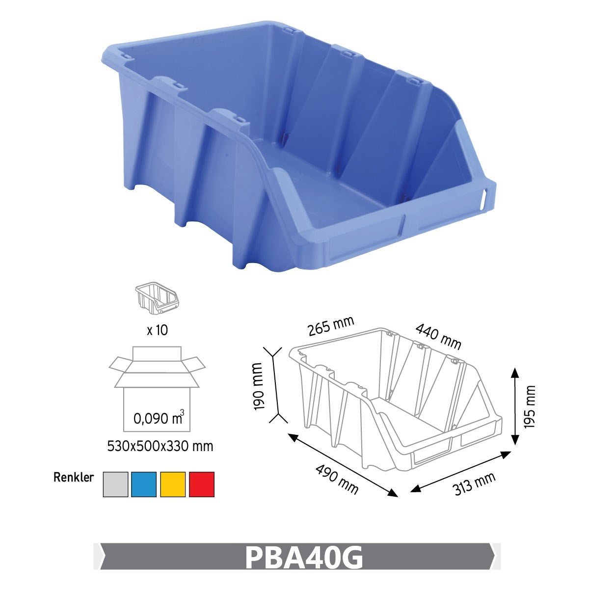RackZone Economy Part Bins KPA40 195x310x490mm, Grey, Pack of 10 shown.