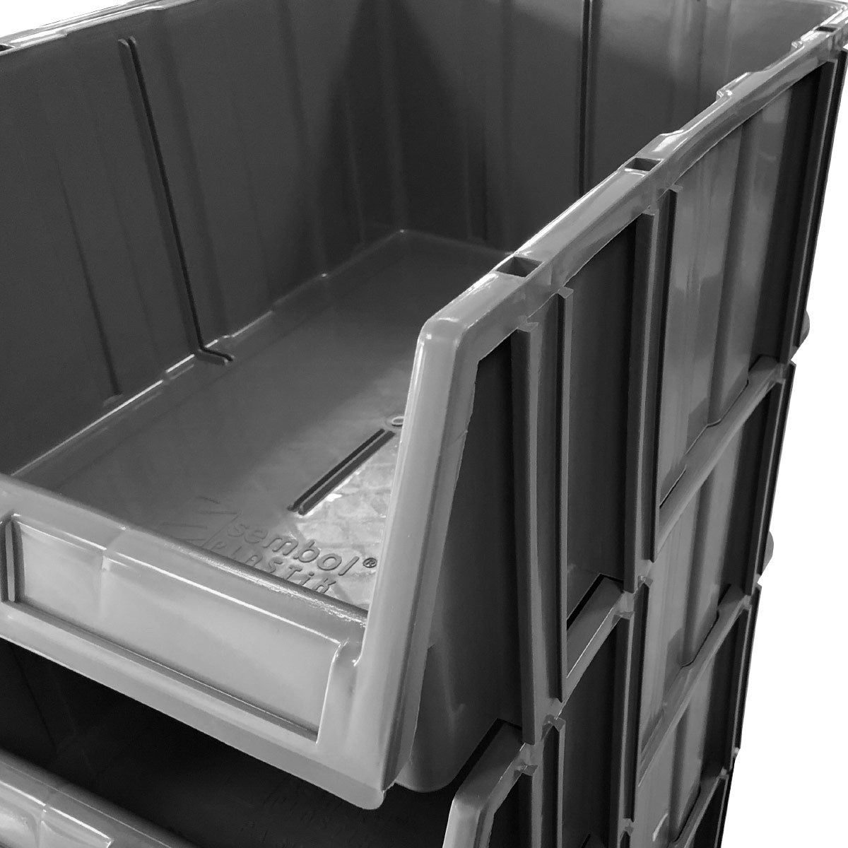 RackZone Storage Part Bins PA540, grey, open front, stacked at an angle.