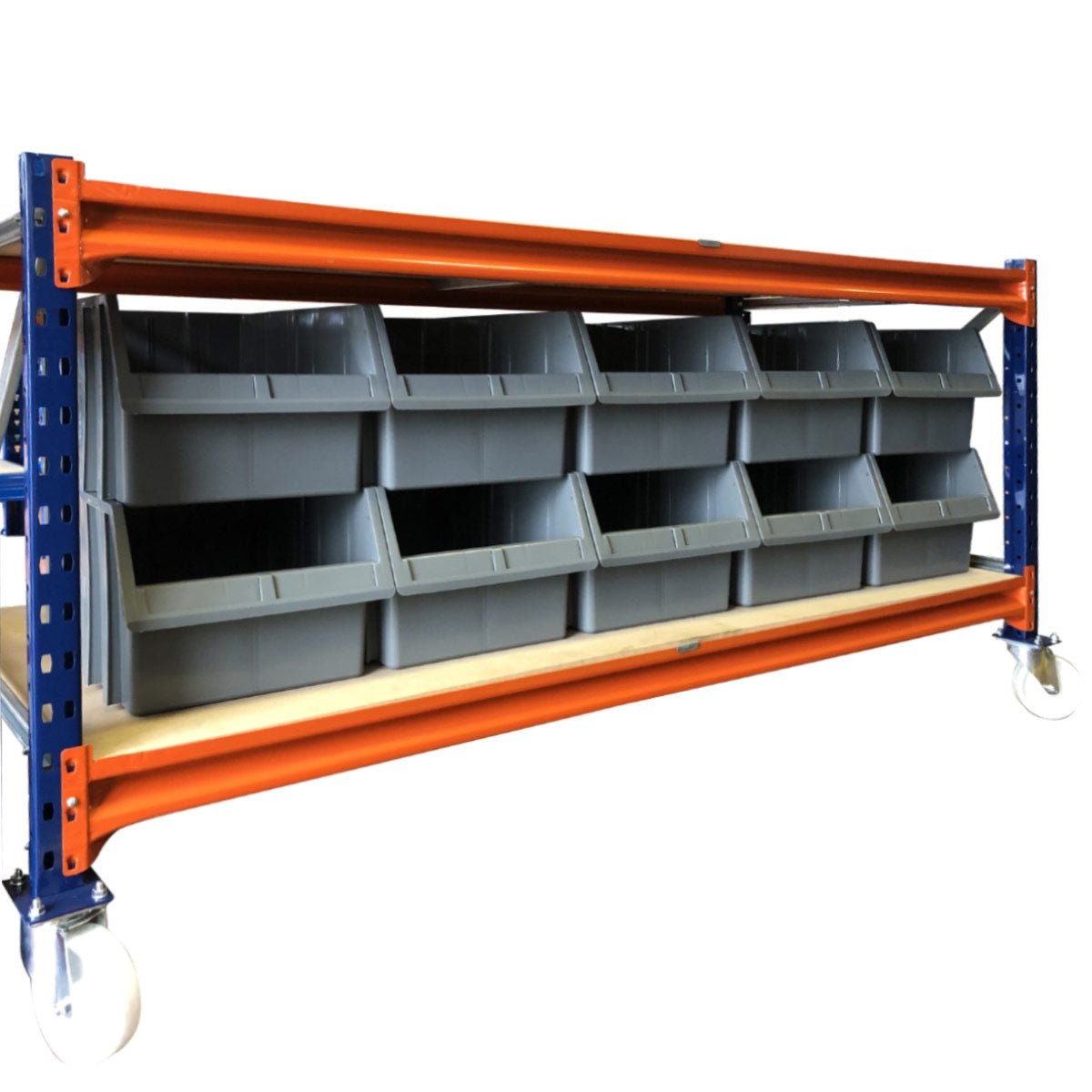 A PA550 rack with orange beams holds ten grey RackZone Storage Part Bins.