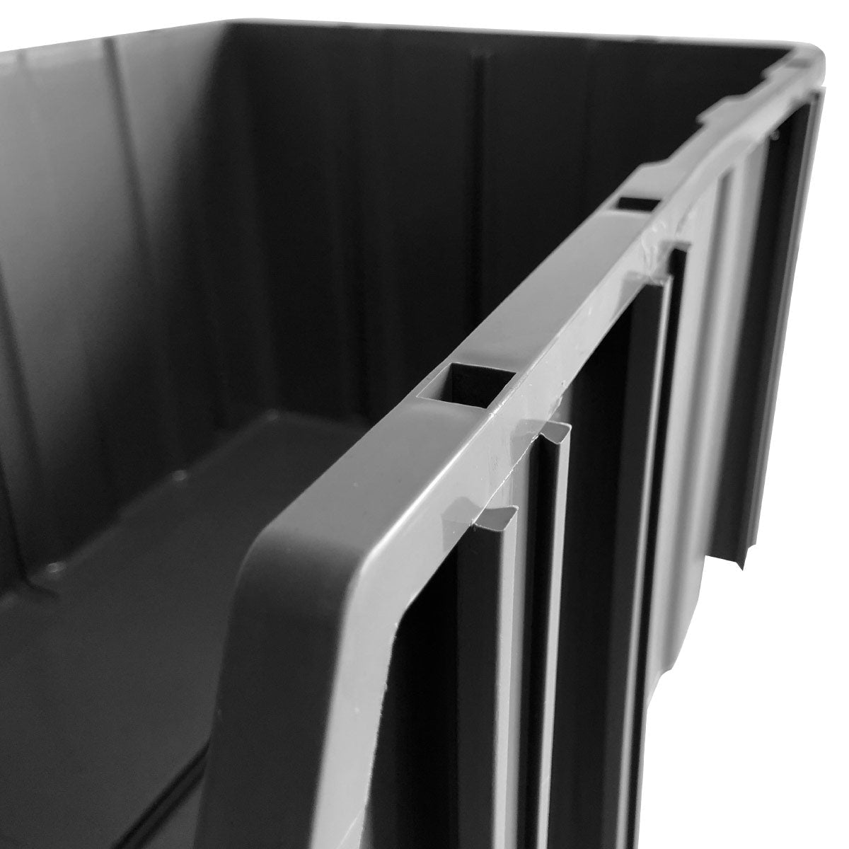 Close-up of RackZone Storage Part Bins PA550, grey, 250h x 340w x 503d, corner detail.