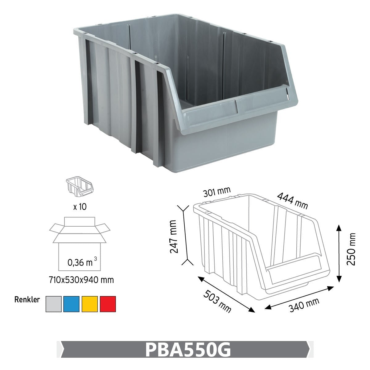 RackZone PA550 Storage Bins, 250h x 340w x 503d, Grey, Pack of 10.
