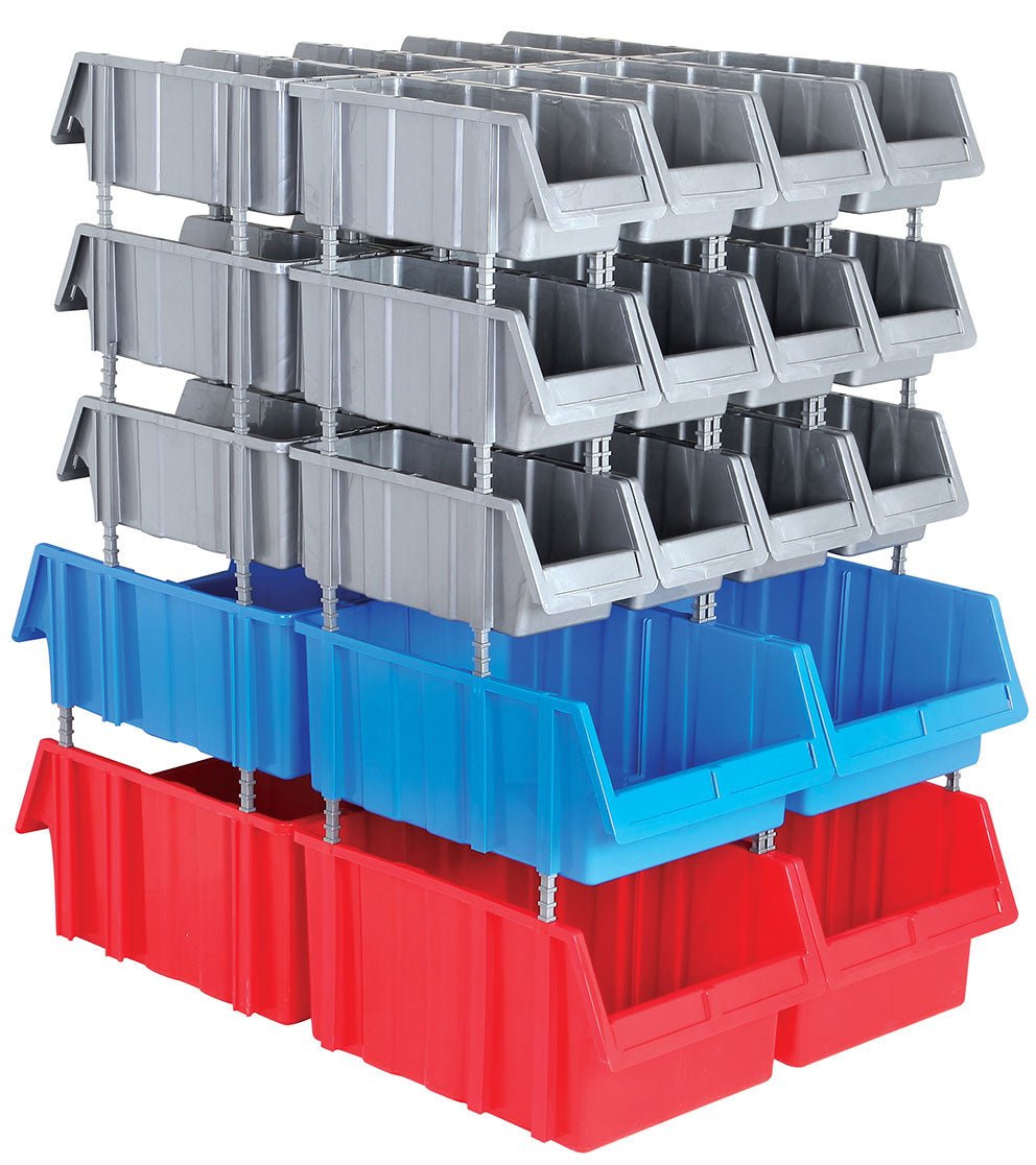 RackZone Storage Part Bins Kit 1200 organizes parts in red, blue, and grey.
