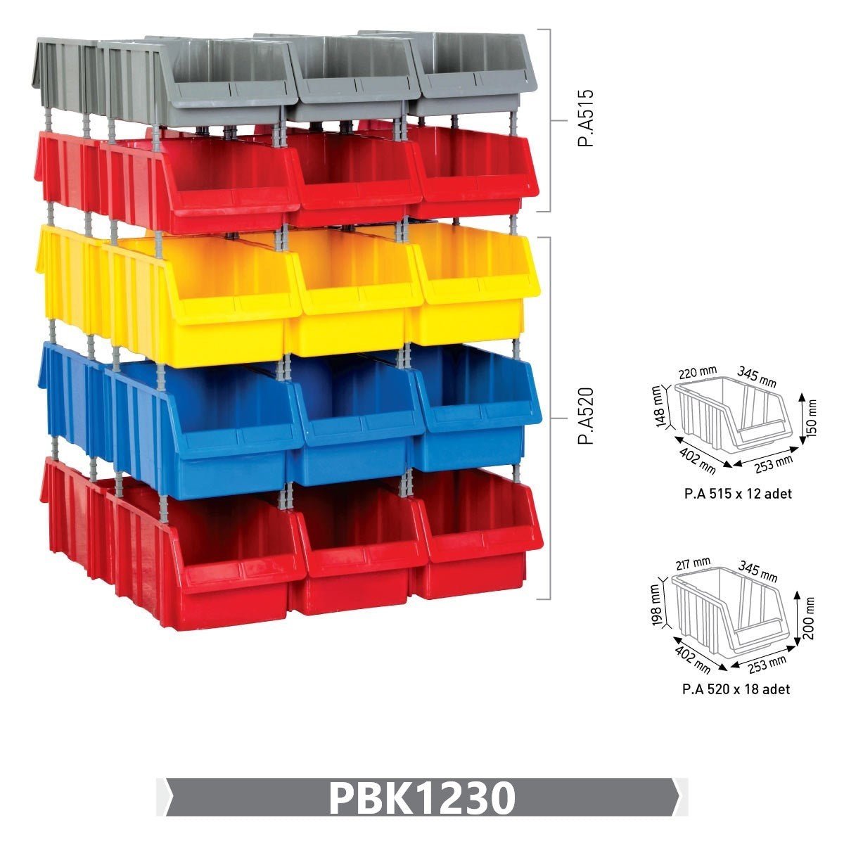 RackZone Storage Part Bins Kit in grey, red, yellow & blue for efficient storage.