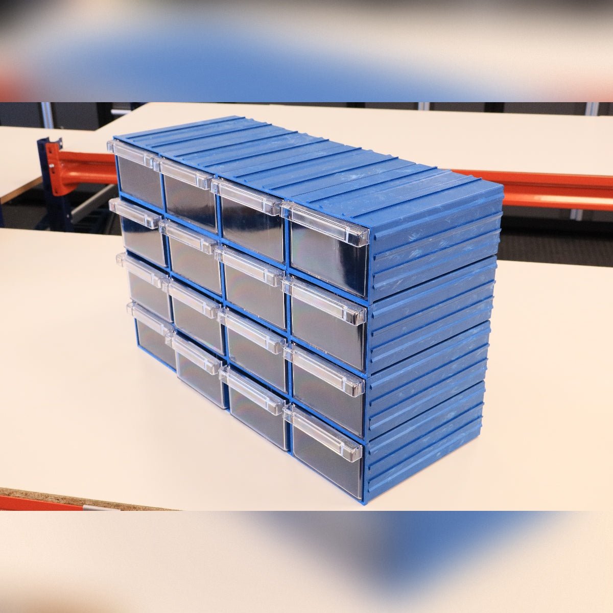 RackZone Plastic Drawer 36 Box, blue, with 36 clear drawers on a white surface.