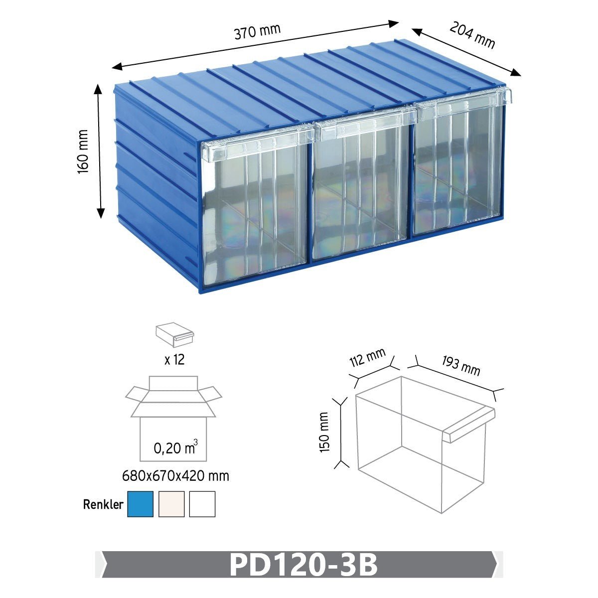 RackZone Plastic Drawer 36 Box, blue, 204x370x160mm, wall mountable.