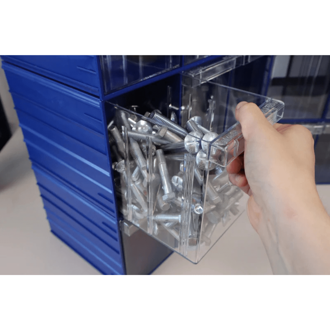 A hand pulls out a bolt drawer from RackZone Plastic Drawer 36 Box Blue.
