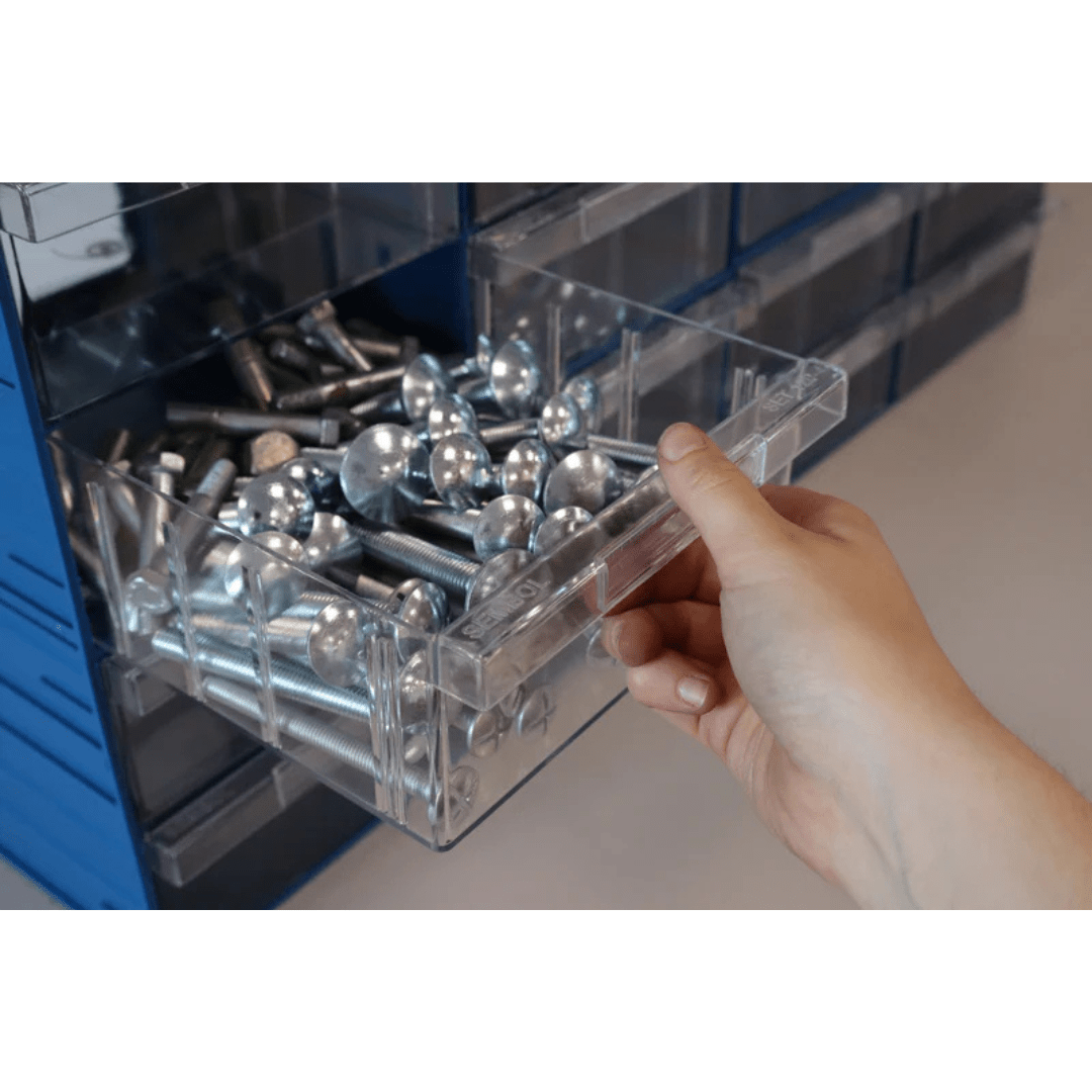 A hand opens a RackZone Plastic Drawer 32 Box filled with metal bolts and fasteners.