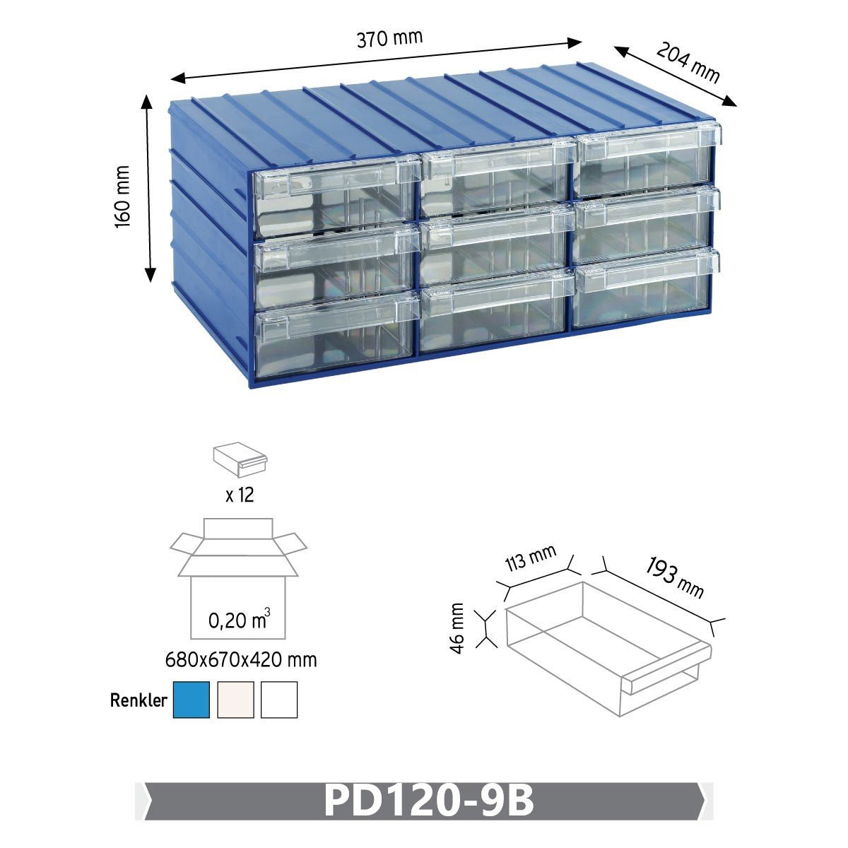 RackZone Plastic Drawer 108 Box, blue, 9 polystyrene drawers, 204x370x160mm.