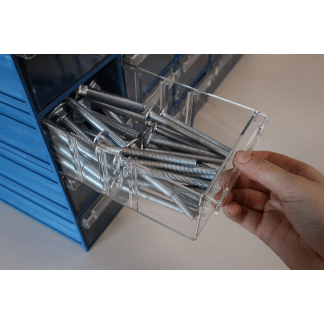 A hand pulls a RackZone Pull Out Drawer, 123x200x80mm, from durable plastic.