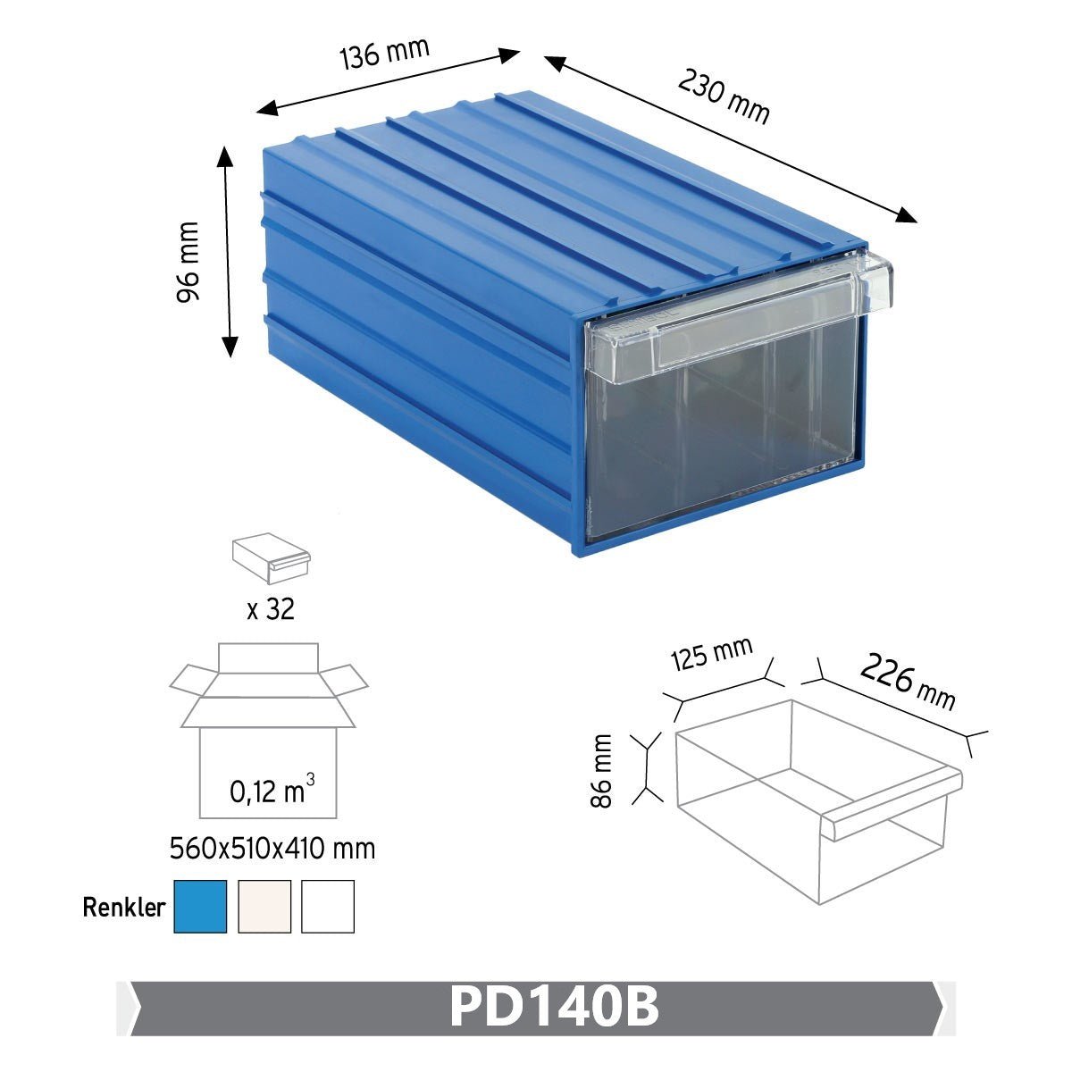 RackZone Plastic Drawer 32 Box, Blue, 230x136x96mm for small parts storage.