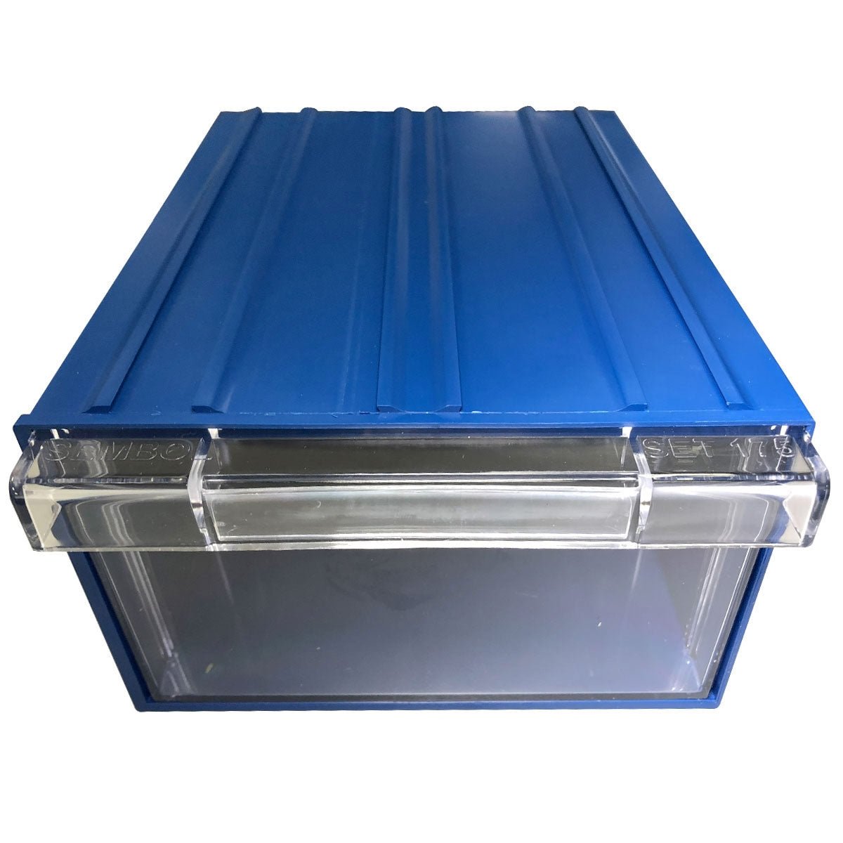 RackZone Plastic Drawer 24 Box, blue, wall mountable with pull-out drawers.