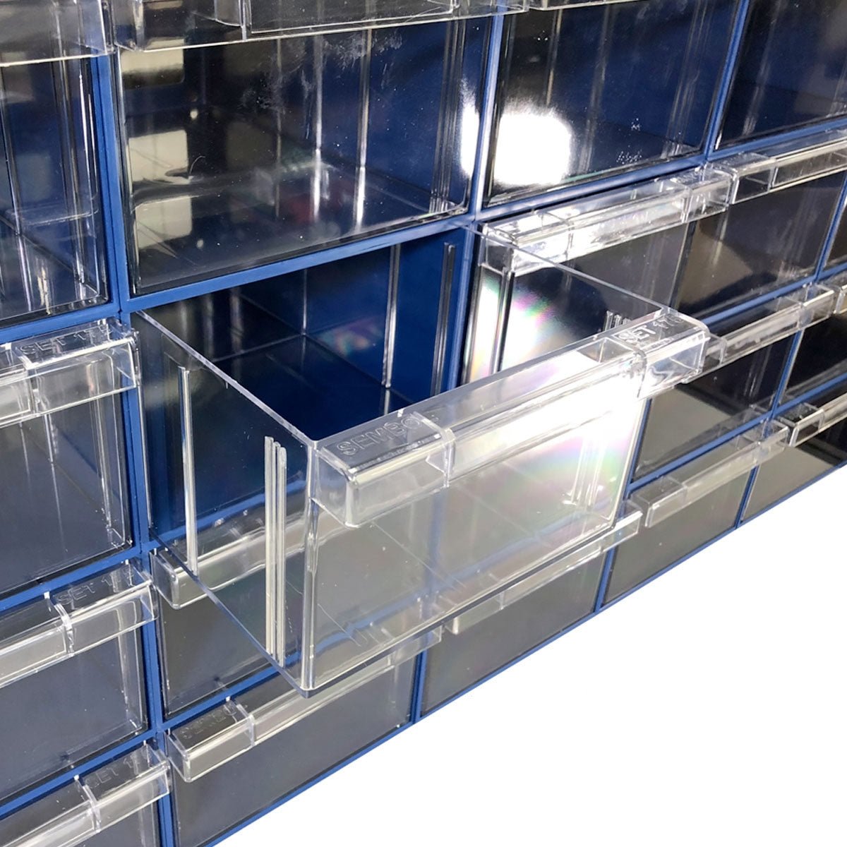 RackZone Plastic Drawer 24 Box partially open in blue organizer unit.
