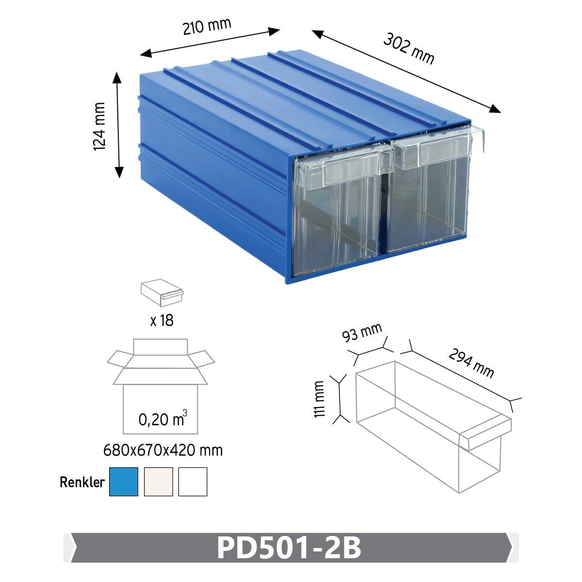 RackZone Plastic Drawer 36 Box, Blue, 302x210x124mm, model 501-2.