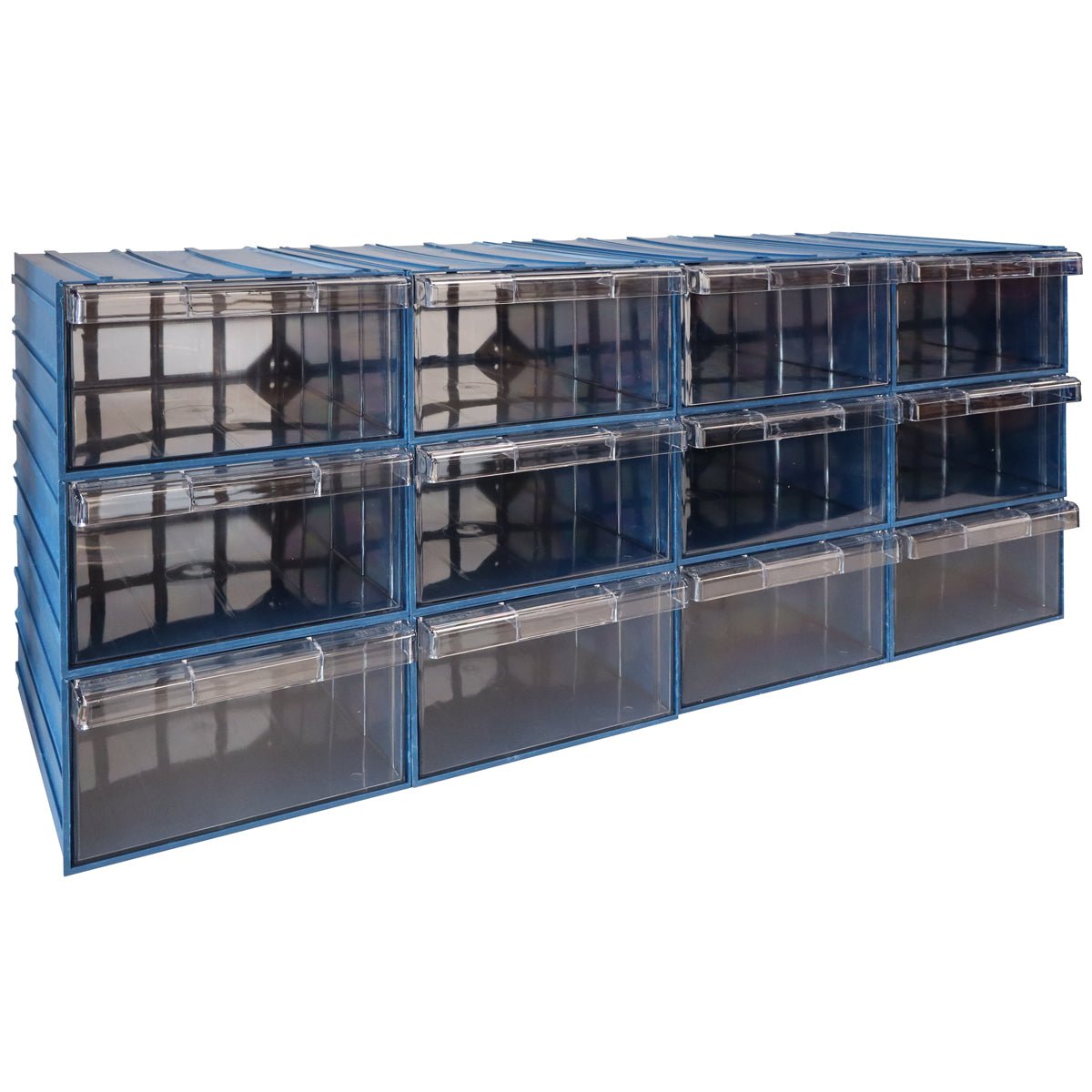 RackZone Plastic Drawer 12 Box, wall-mountable with clear drawers, blue.