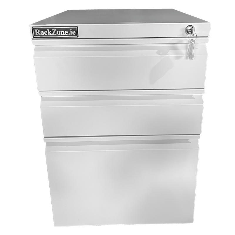 RackZone Lockable Mobile Pedestal, White, 3 drawers, 607H x 395W x 500D.