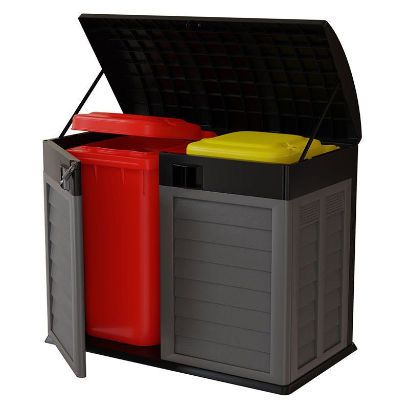 RackZone Plastic Wheelie Bin Storage open, showing red and yellow bins inside.