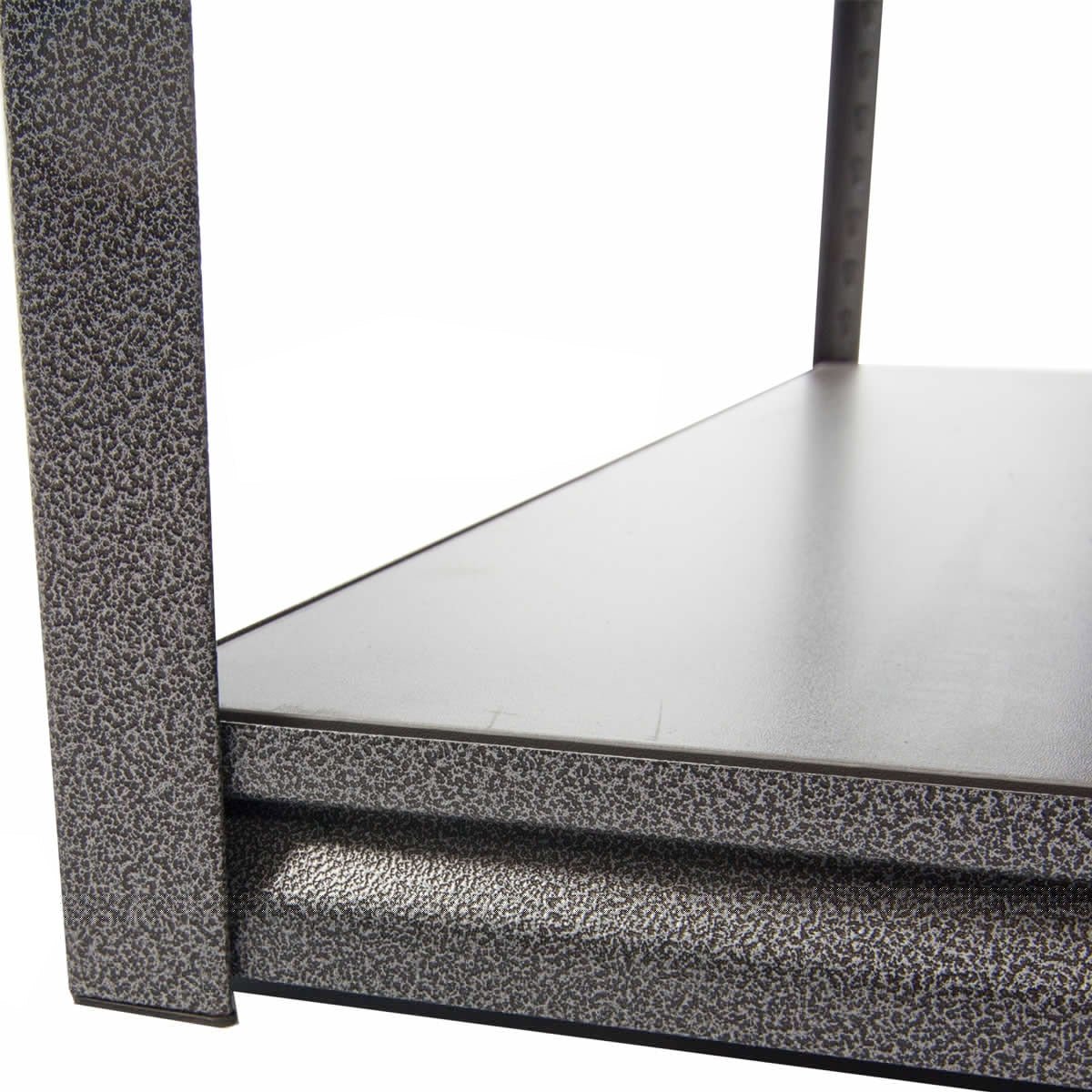 Close-up of RackZone Rivet Shelving, 5-level, laminated timber, textured frame.
