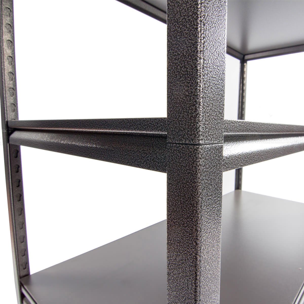 Close-up of RackZone Rivet Shelving 1830h with 5 timber shelves, empty and dark.