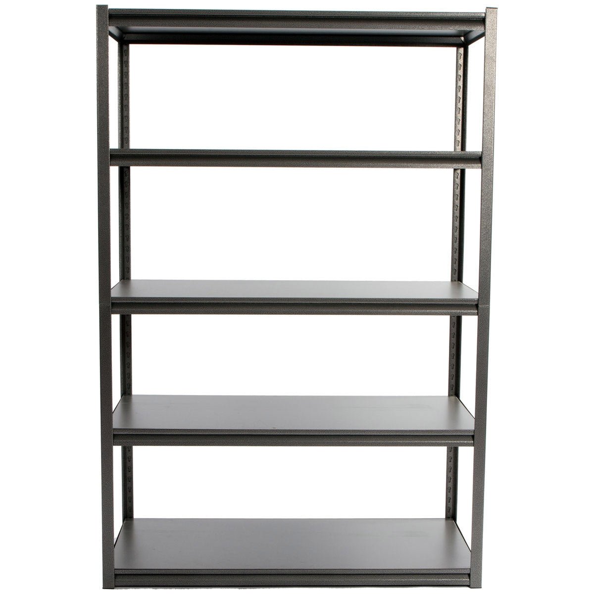 RackZone Rivet Shelving, 5 shelves, 1830h x 1220w x 610d, front view, empty.
