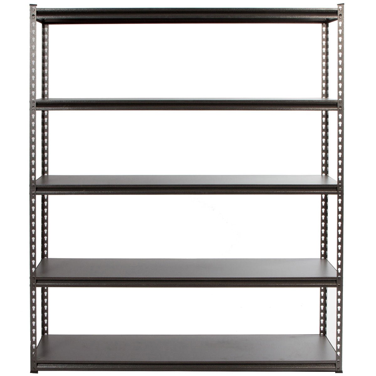 RackZone Rivet Shelving: 5-level, black, 250kg UDL laminated timber shelves.