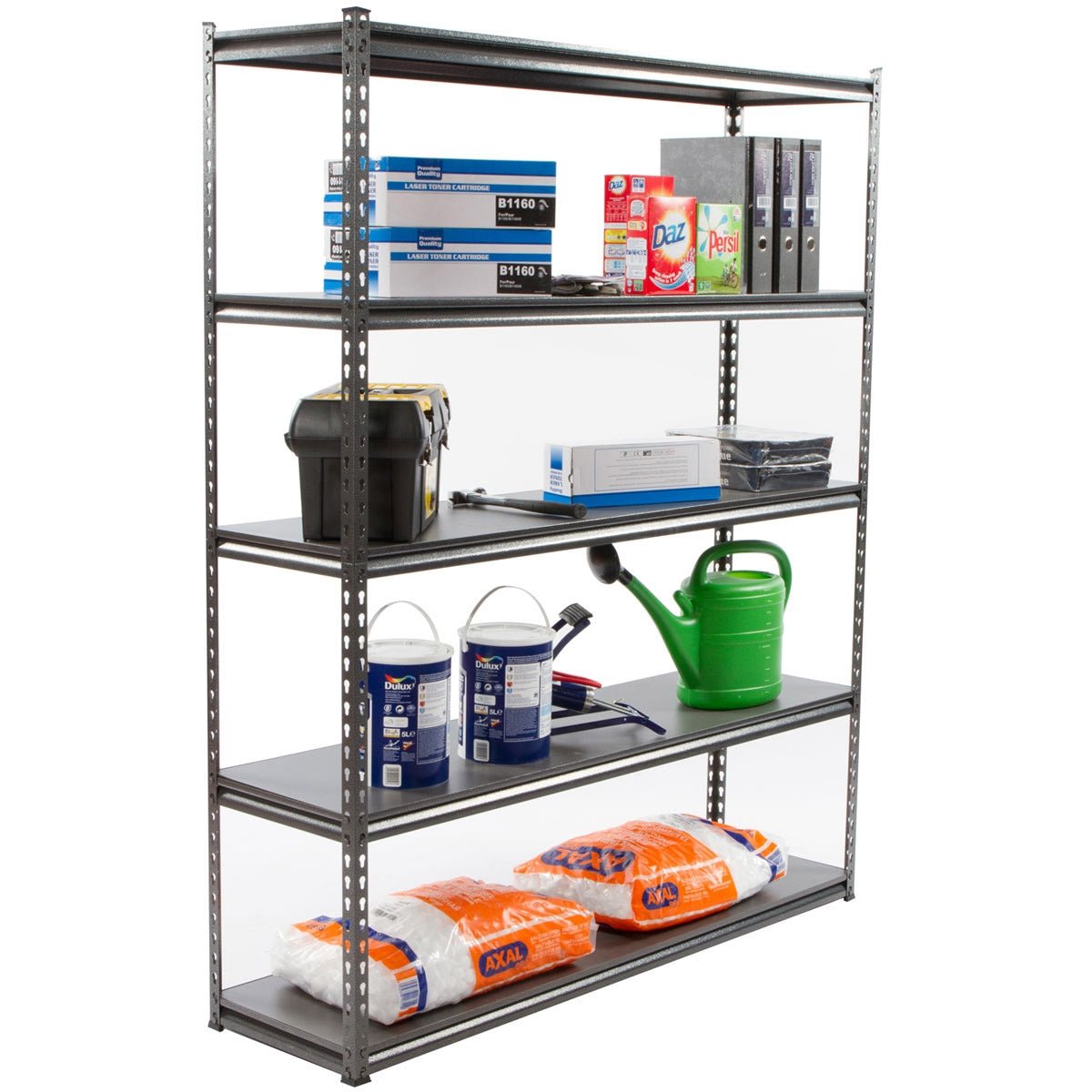 RackZone Rivet Shelving stocked with office, cleaning, and tool supplies.