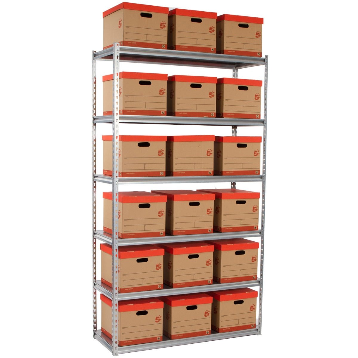 RackZone Rivet Shelving with 20 brown storage boxes, red lids, 6 levels.