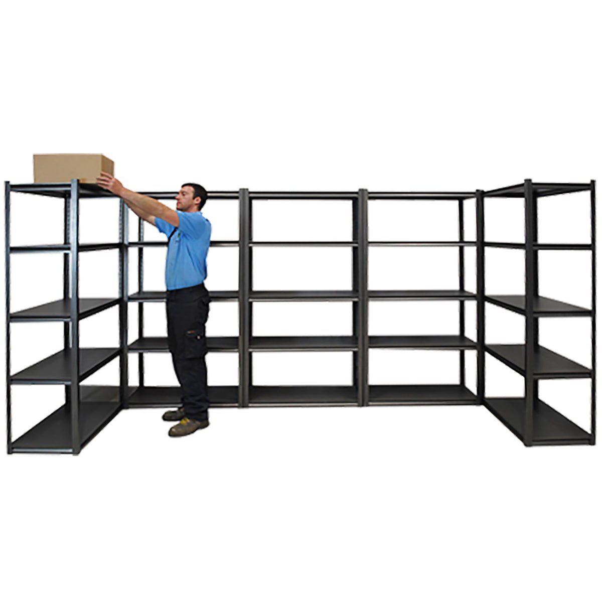 A man places a box on a RackZone 5 Bay Concealed Rivet Industrial Shelving unit.