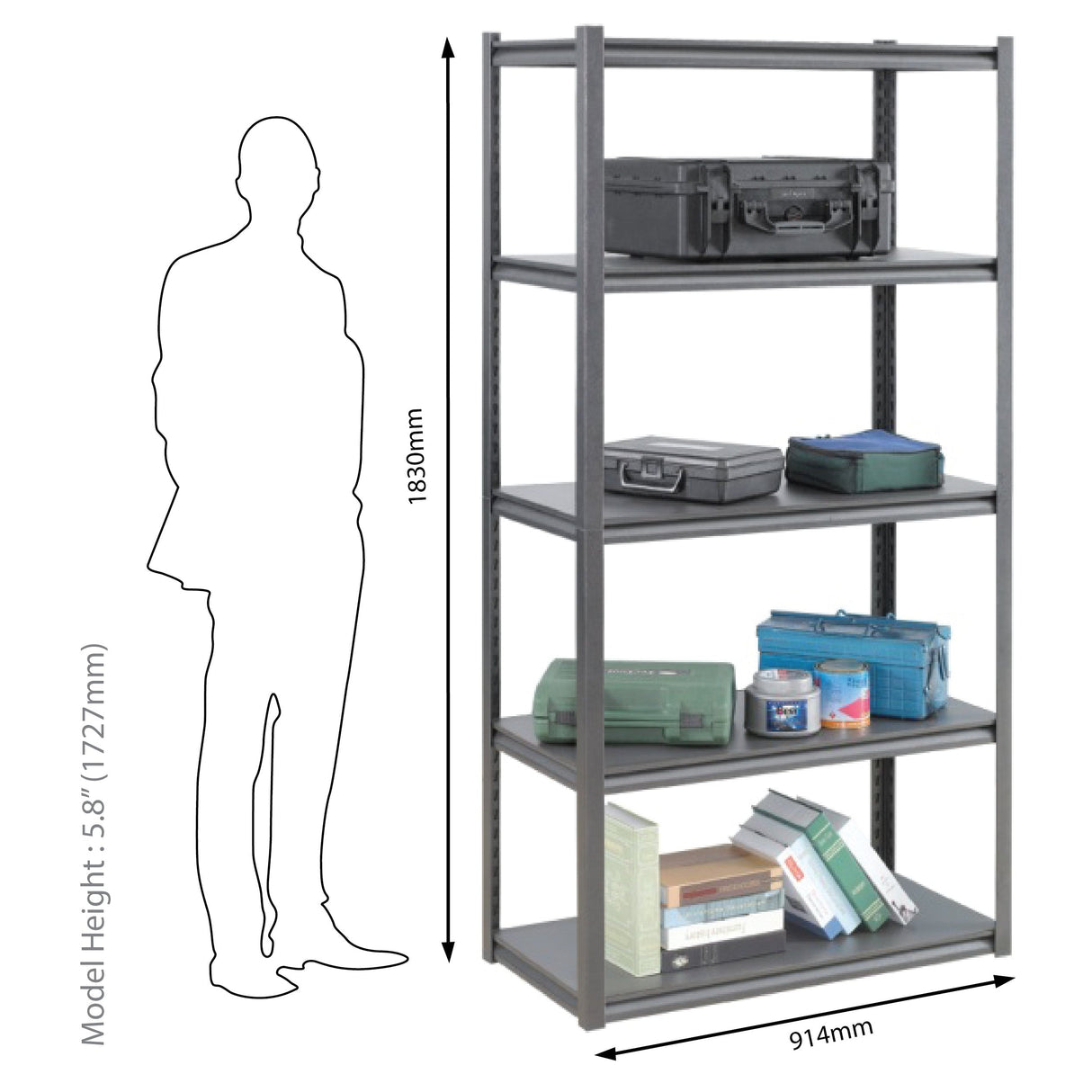RackZone Rivet Shelving 1830h holds boxes and books beside 5'8" silhouette.