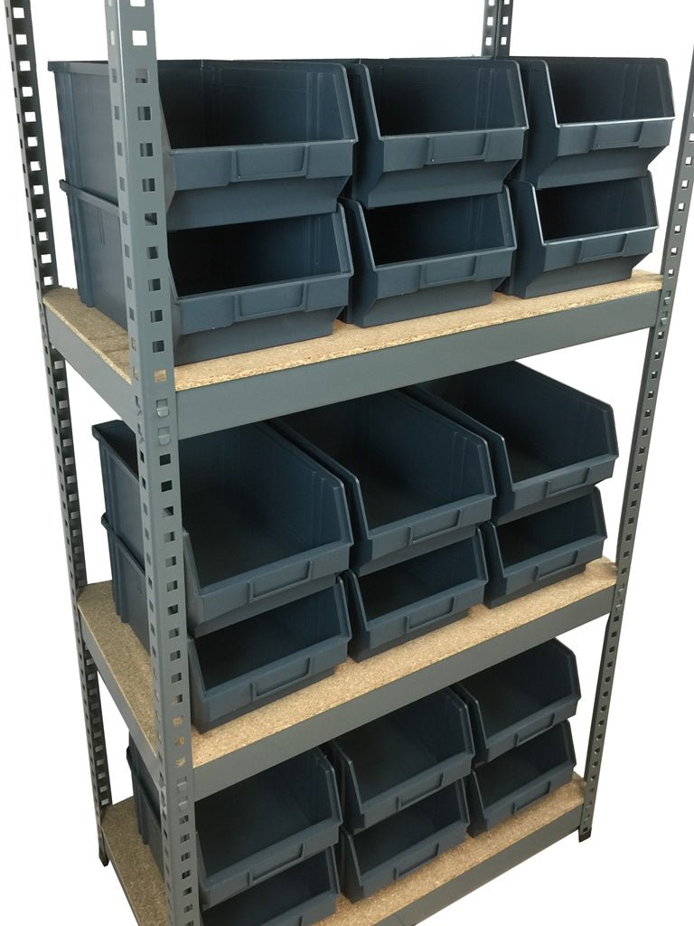 RackZone Boltless Shelving 150KG with 21 bins, three shelf unit.