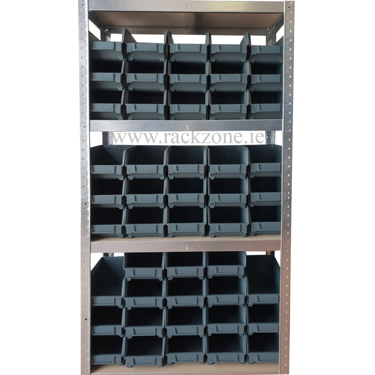 RackZone Galvanise Boltless Shelving 150KG with 48 plastic storage bins.