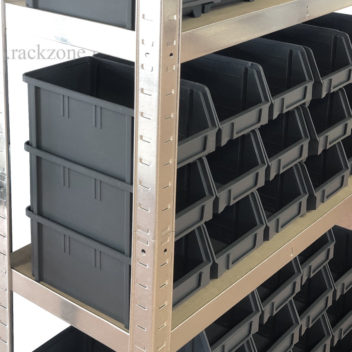 RackZone Galvanise Boltless Shelving with 48 plastic bins, 150kg capacity.