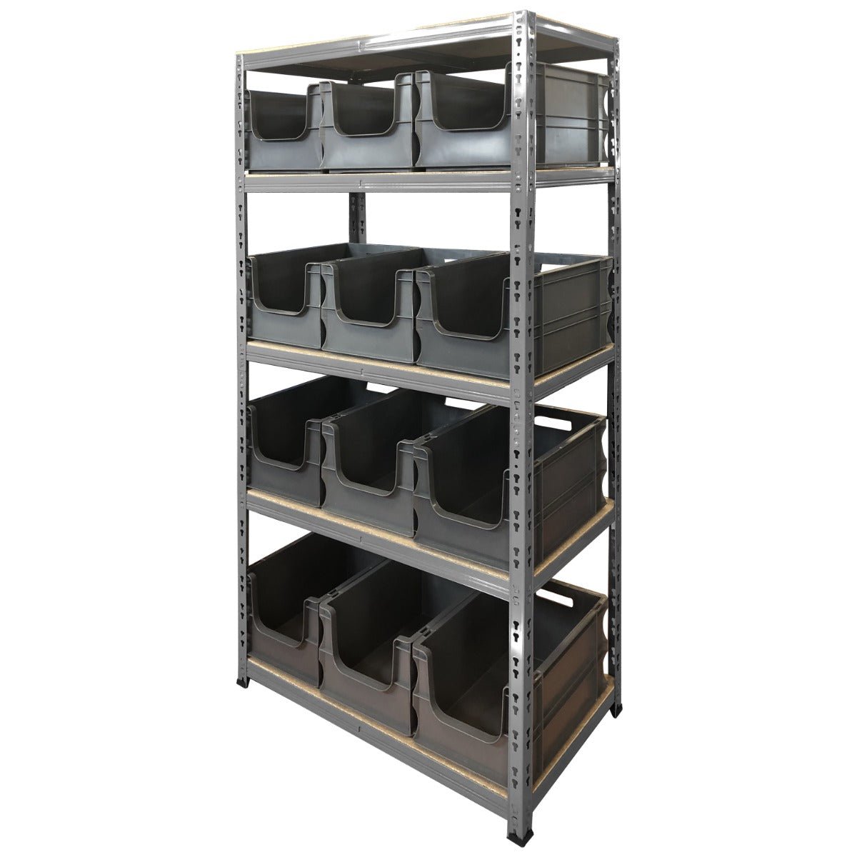 RackZone Value Shelving 175KG with 12 storage bins, five-tier metal combo.